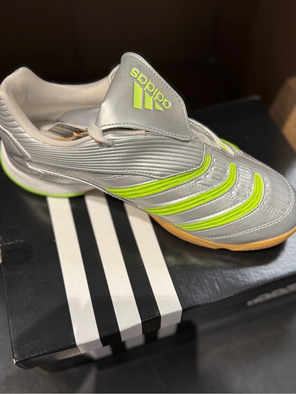 adidas Silver Indoor Soccer Shoes with Neon Yellow-Green Accents